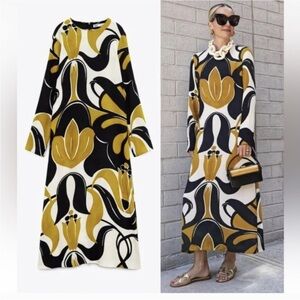 ZARA PRINTED MIDI DRESS DRESS BROWN REF 8452/271/203/027 BLOGGER’S FAVE